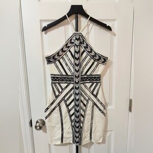 Express White One-Shoulder Beaded Mini Dress with Black Sequin Detail